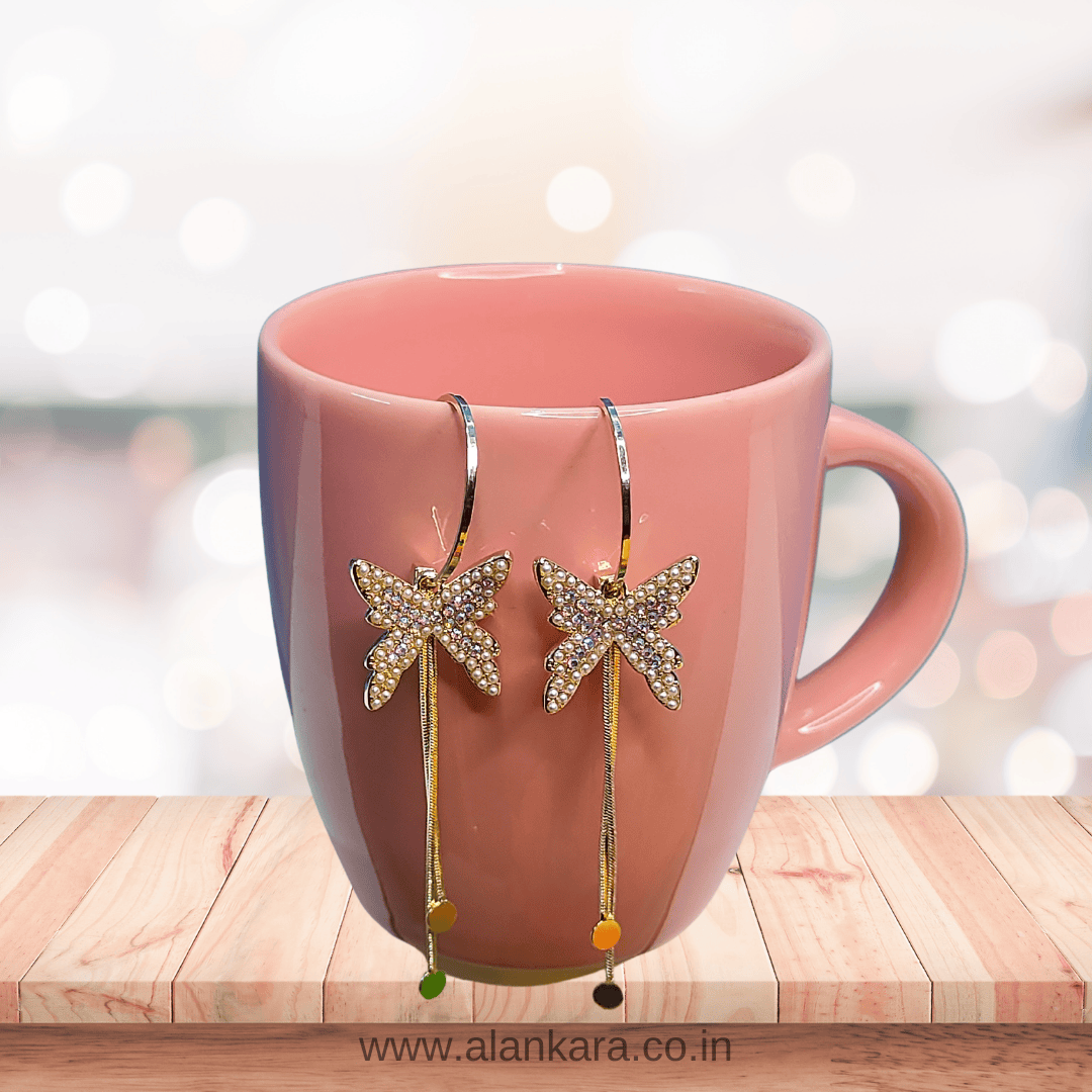 Golden pearl butterfly danglers - women Korean earrings long | Alankara