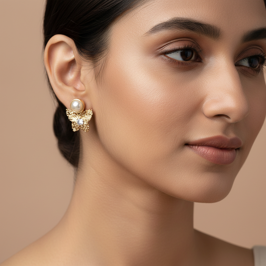 Golden pearl butterfly studs - Women's western earrings
