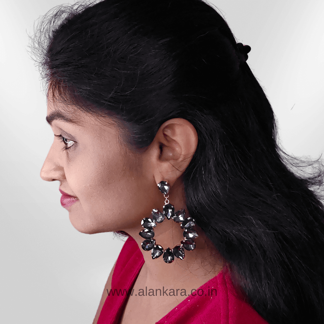 Grey Floral Hoops - Partywear stone Earrings for women | Alankara