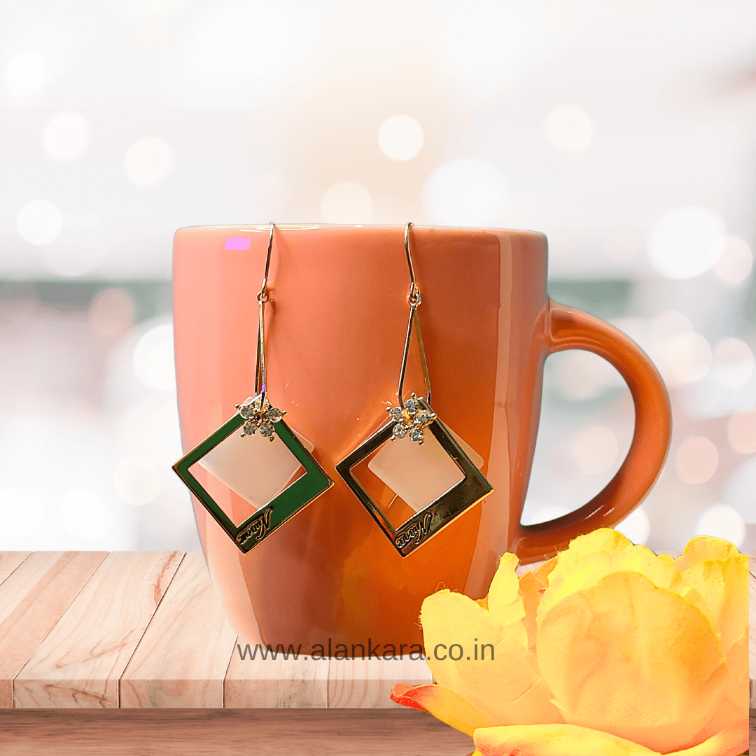 Golden colour earrings - floral square hoops | Alankara