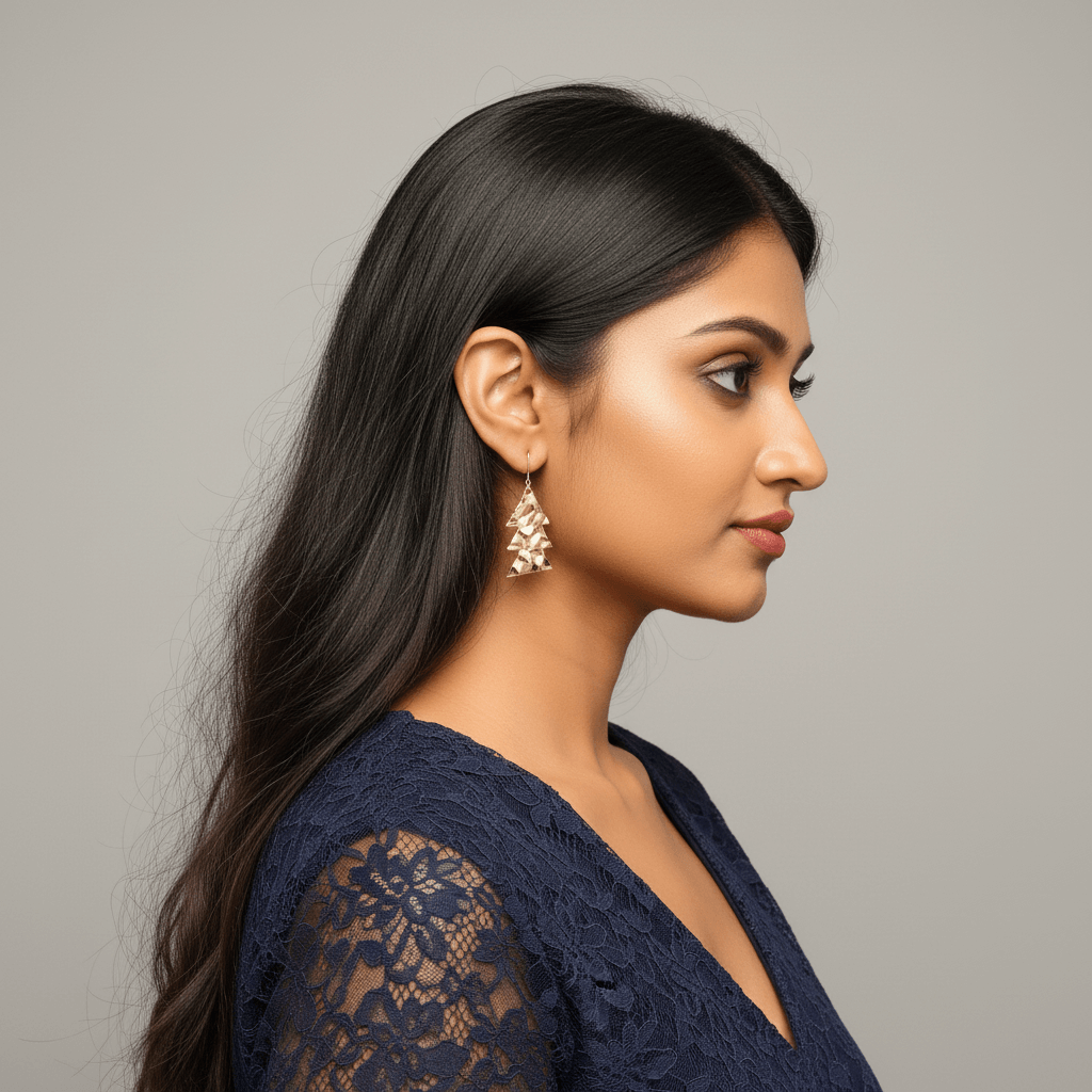 Woman wearing a navy blue lace top against a gray background
