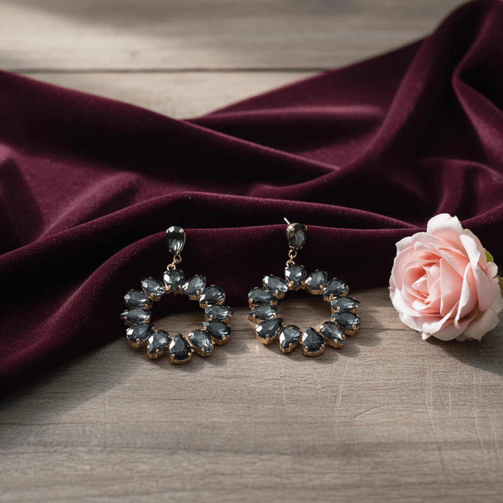 Grey Earrings floral stone Hoops - Partywear Earrings | Alankara