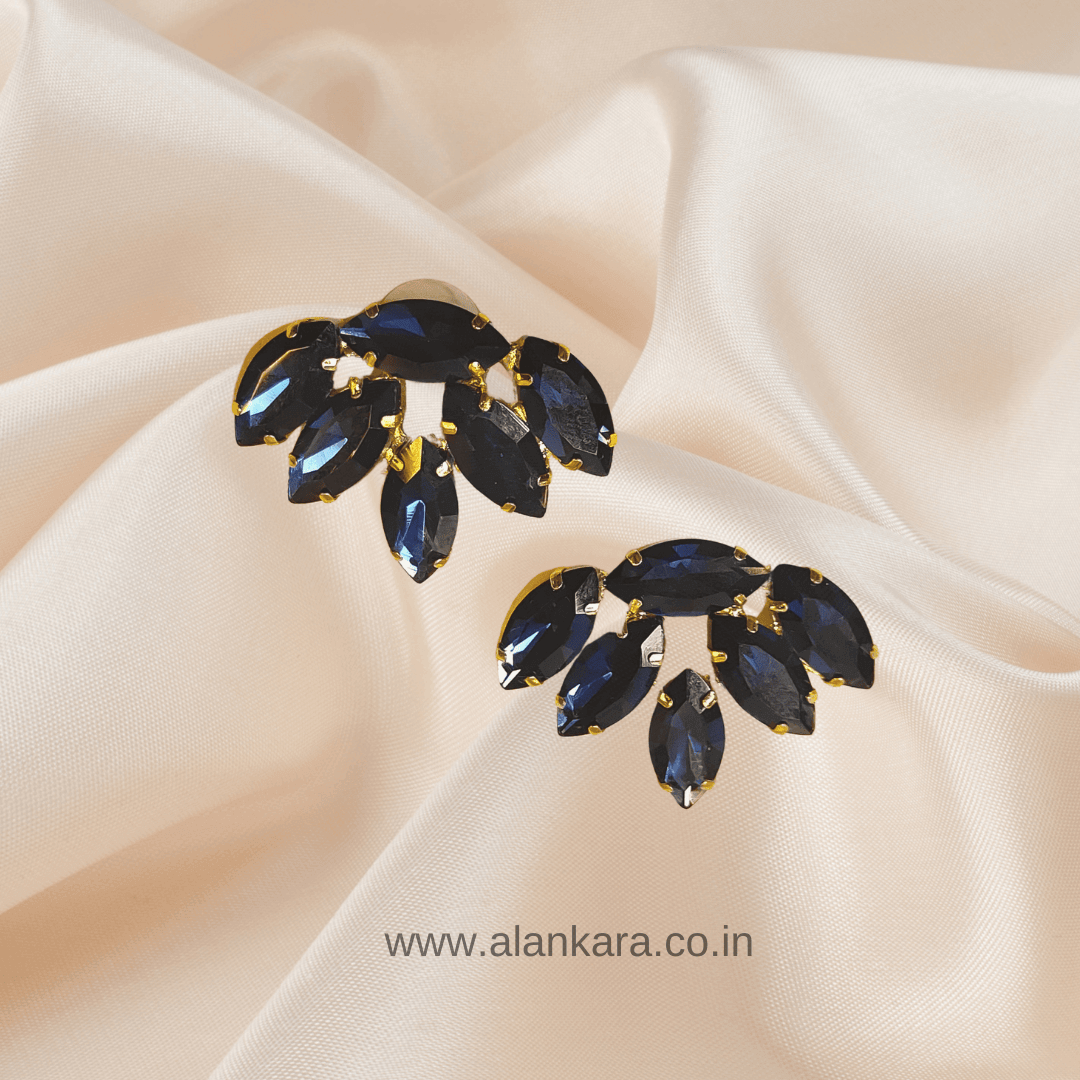 Korean glass stone Lotus Studs- Navy blue earrings | Alankara