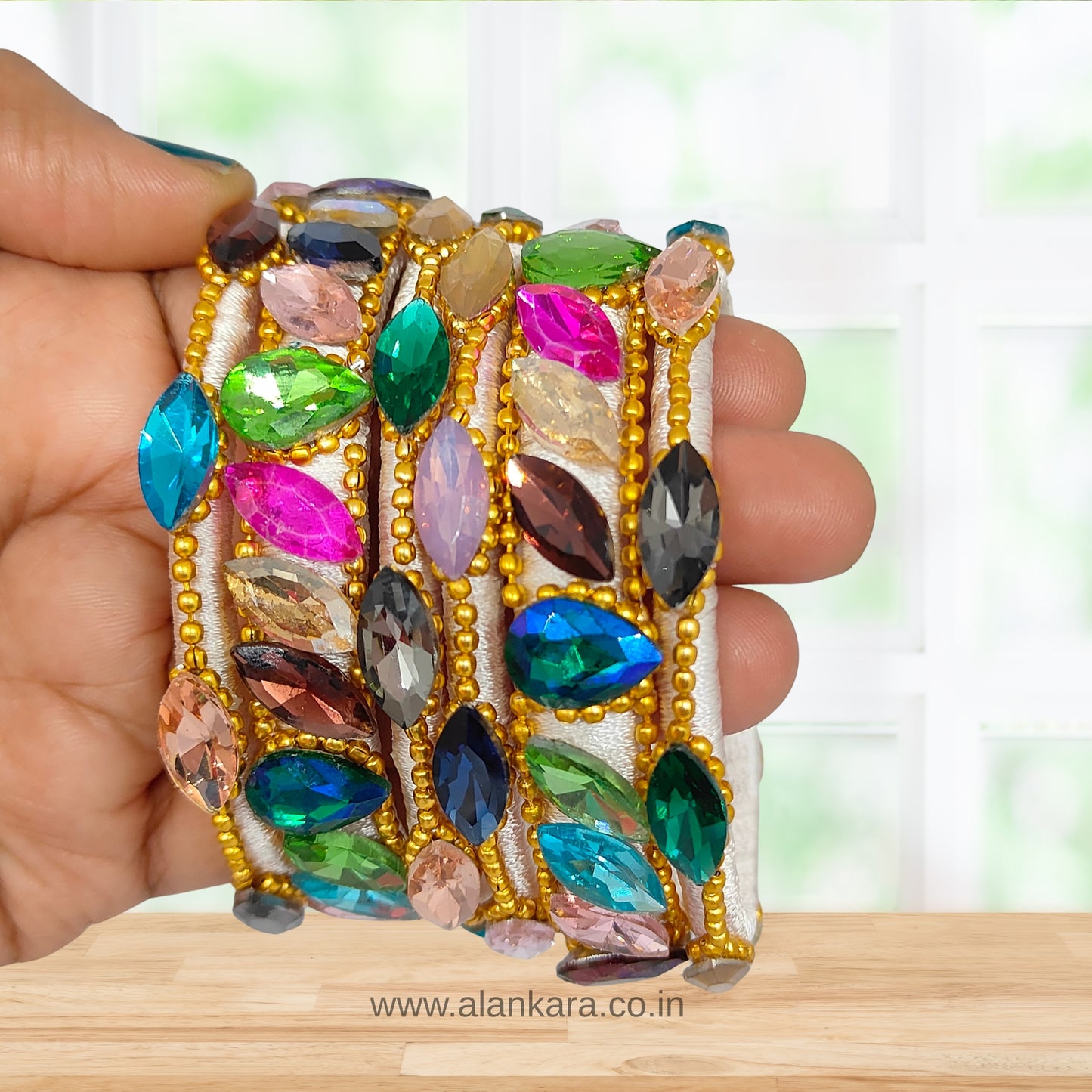 Multicolor Crystal White Silk Thread Bangles