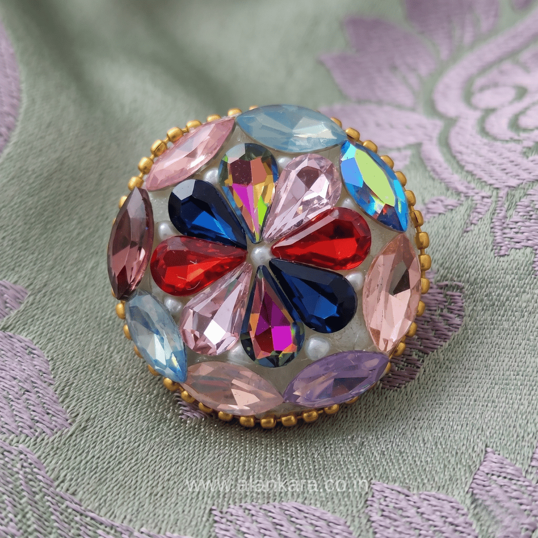 Multicolor Crystal Pearl Saree Pin featuring vibrant crystals, pearls, and bead detailing, perfect for sarees and festive outfits.