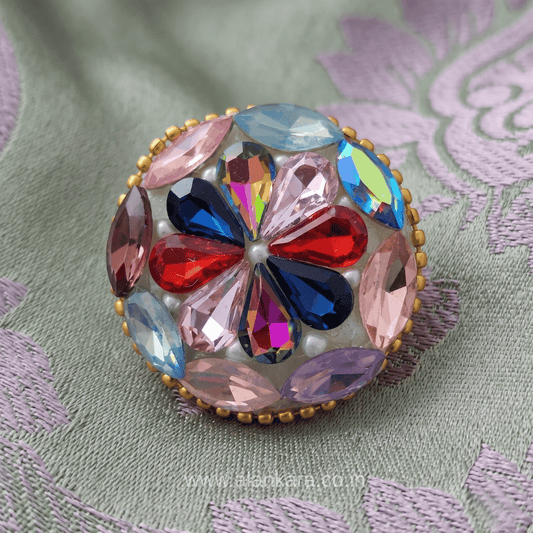 Multicolor Crystal Pearl Saree Pin featuring vibrant crystals, pearls, and bead detailing, perfect for sarees and festive outfits.