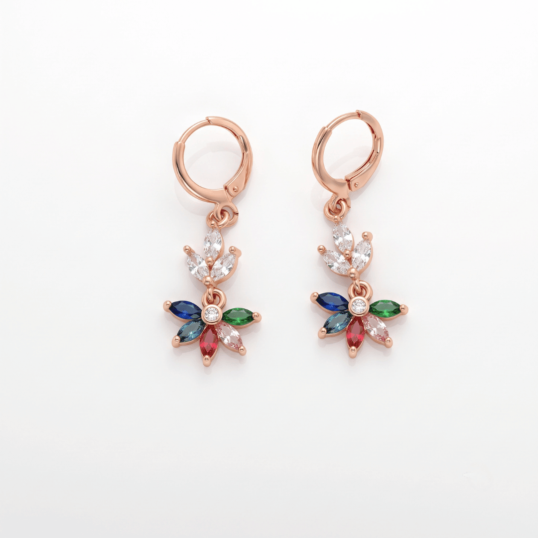 Multicolor Lotus Dangler earrings featuring colorful crystals in a floral design with gold plating.