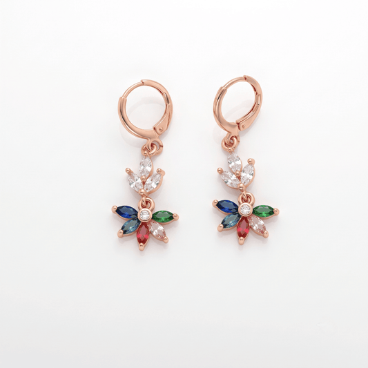 Multicolor Lotus Dangler earrings featuring colorful crystals in a floral design with gold plating.