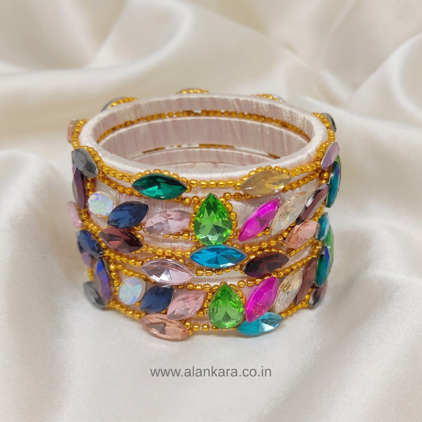 Multicolor Crystal White Silk Thread Bangles
