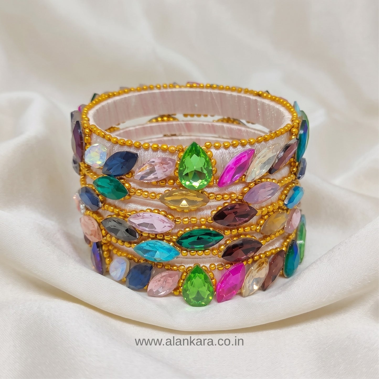 Multicolor Crystal White Silk Thread Bangles