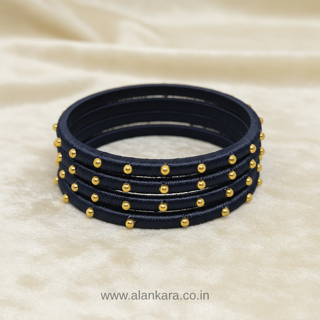 Navy Blue Golden Silk Thread Bangles with golden bead detailing, perfect for ethnic and festive looks.