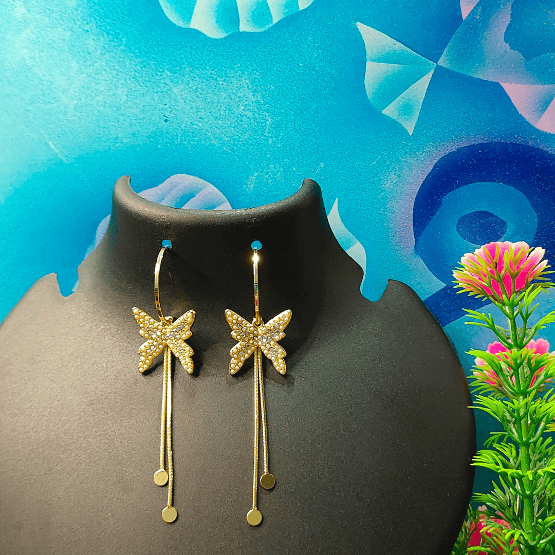 Golden pearl butterfly danglers - Korean style earrings