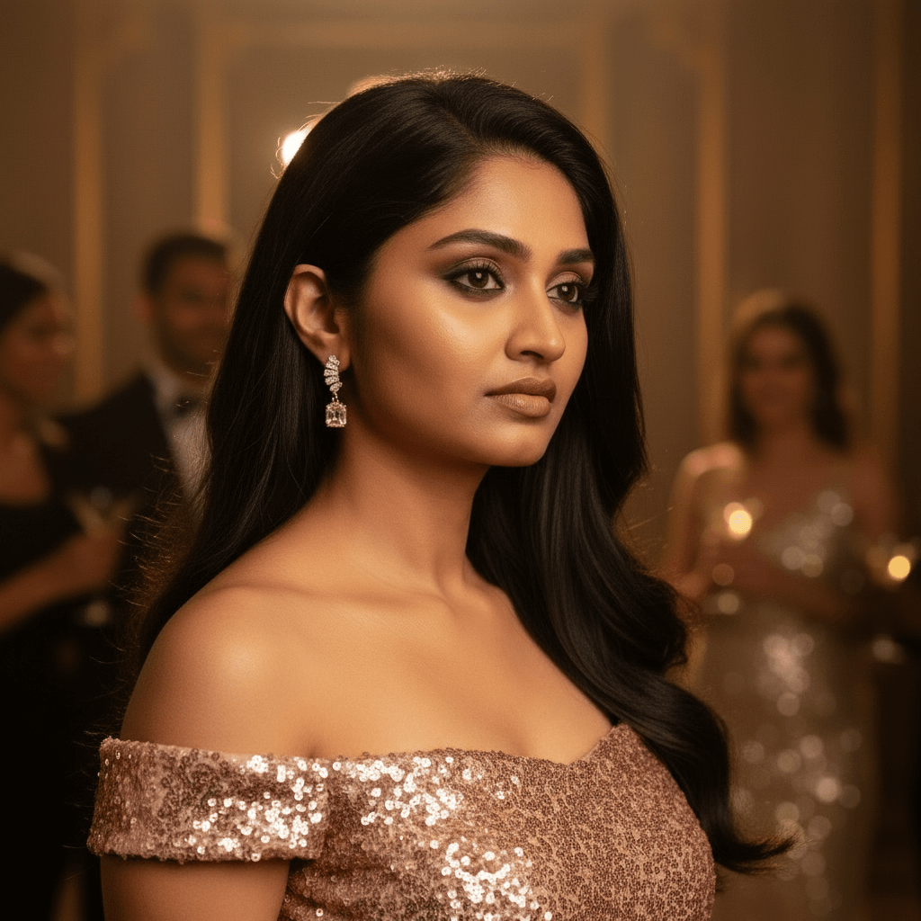 Peach colour glass stud Earrings worn by woman in offshoulder sequin partygown