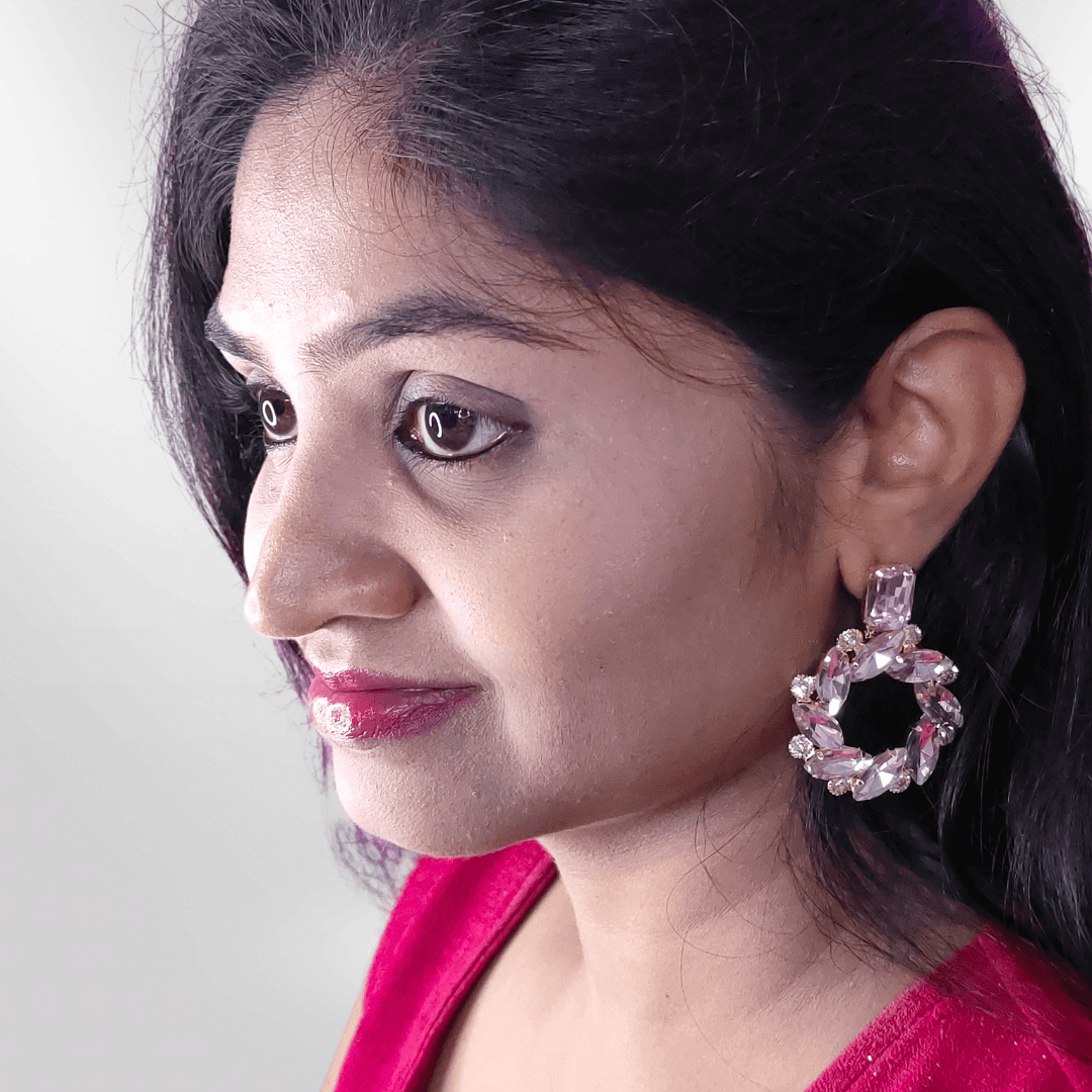 Pink Earrings Partywear flower stone hoops - Korean Earrings | ALANKARA