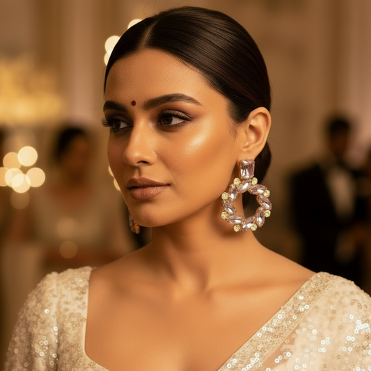 Pink Earrings Partywear flower stone hoops - Korean Earrings | Alankara