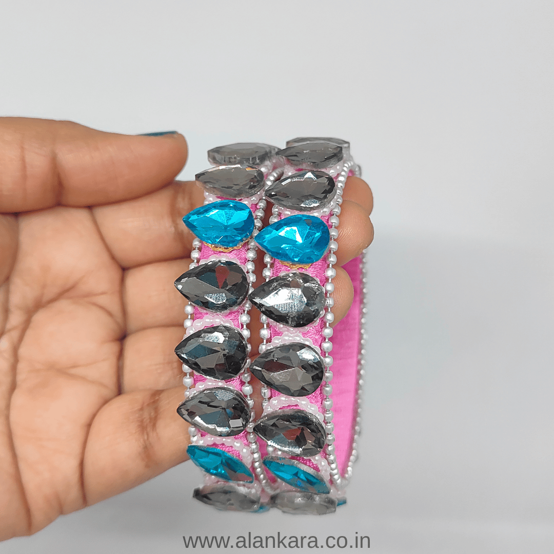 Pink Crystal Silk Thread Kada Bangles featuring grey and blue crystals and pink silk thread.