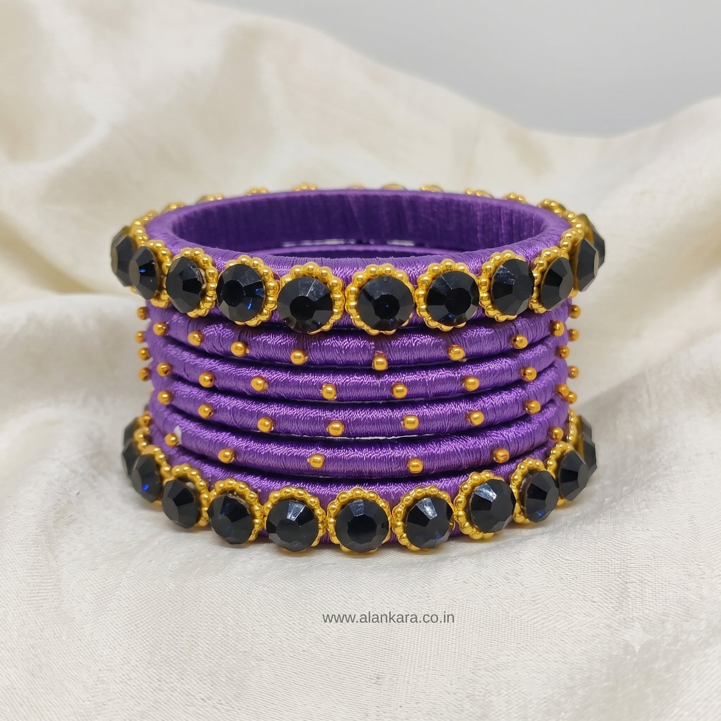 Royal Purple crystal Silk thread bangles with dark blue crystal accents and golden beads.