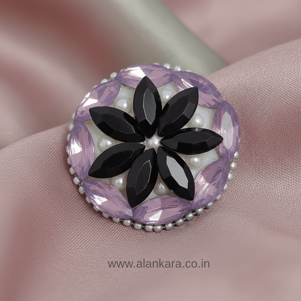 Lavender & Black Floral Crystal Saree Pin featuring a round floral design with crystals and pearls