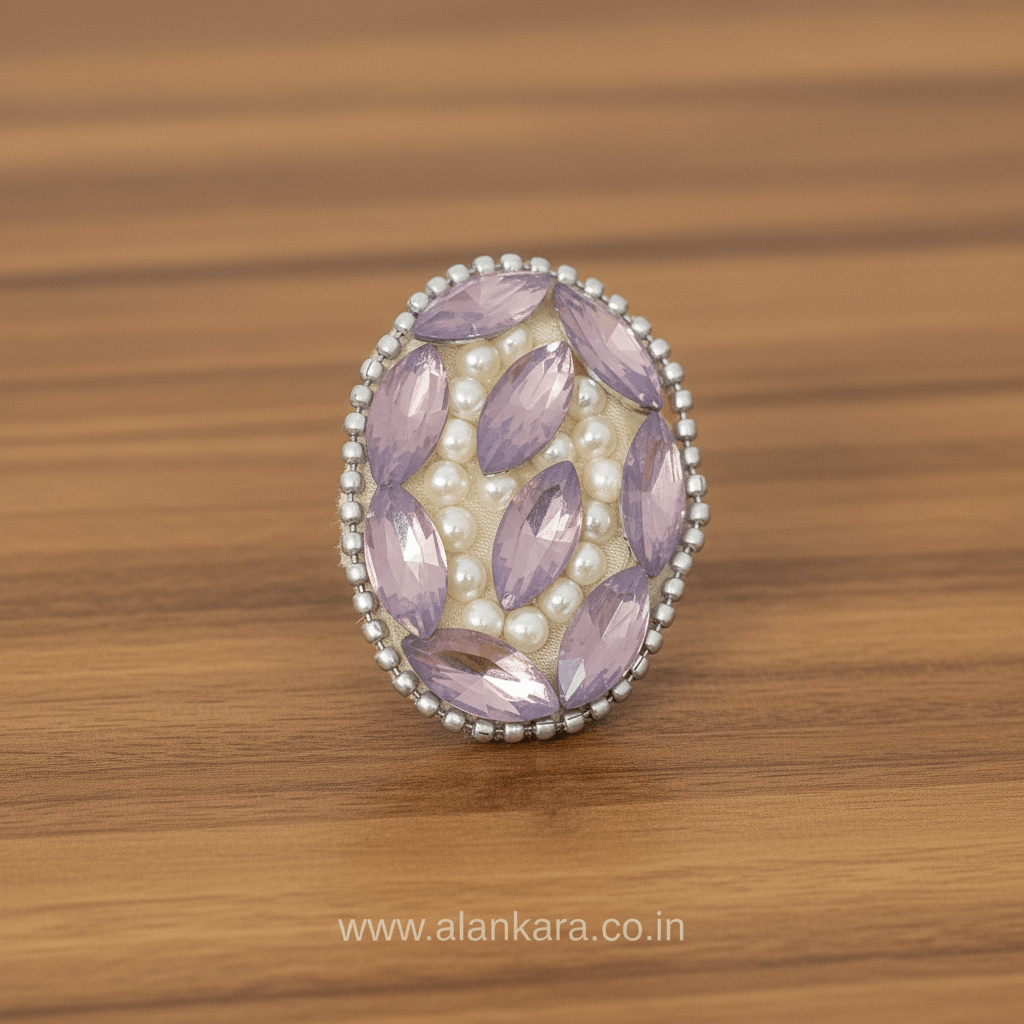 Lavender Crystal Pearl Saree Pin featuring purple crystals and white pearls, ideal for securing saree pallu.