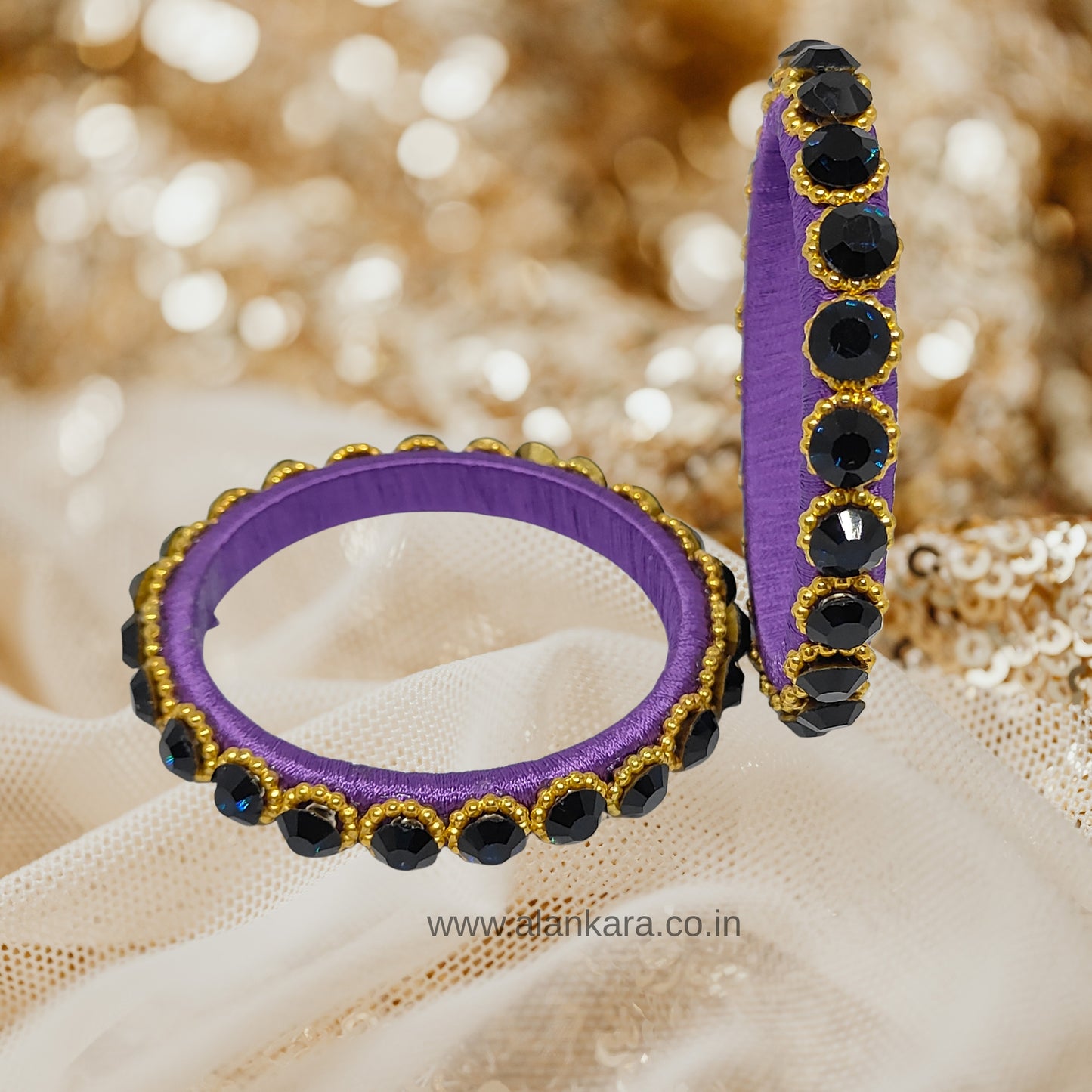 Royal Purple Crystal Silk Thread Kada Bangles featuring luxurious silk and crystal detailing.