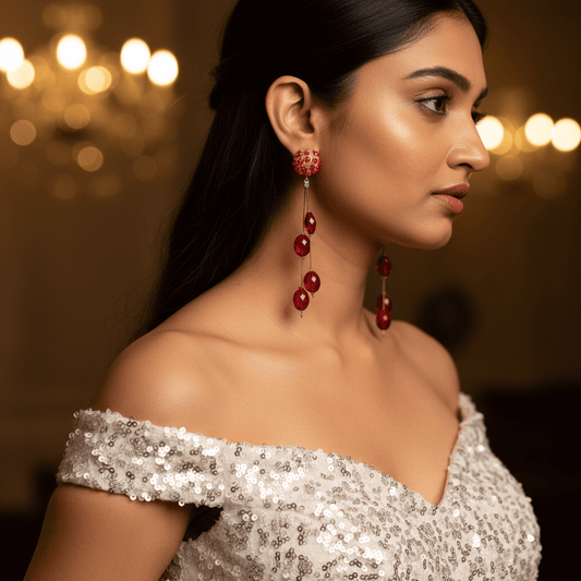 Red Long flower Danglers - Partywear Earrings for women | Alankara