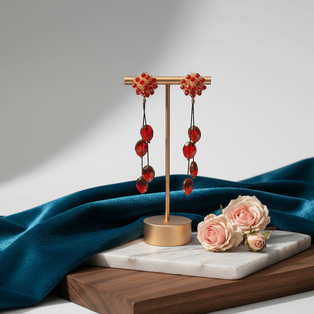 Long Flower Danglers - Women's Red Earrings | Alankara