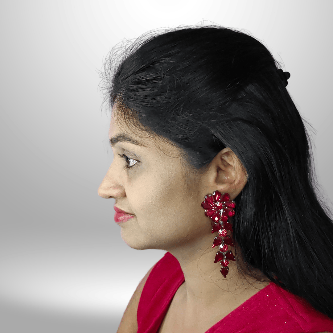 Partywear women's Red Earrings - flower petals stone danglers | ALANKARA