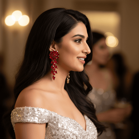 Partywear women's Red Earrings - flower petals stone danglers | Alankara