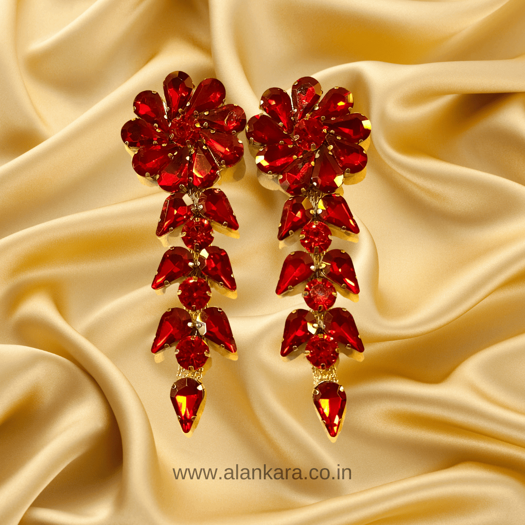 Flower Petals  Stone Danglers -Women's Red Earrings- Partywear