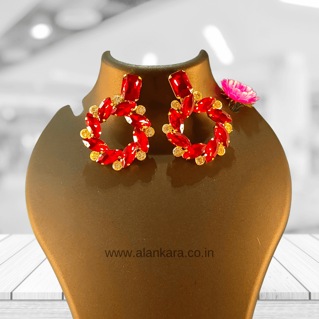 Flower stone hoops - Partywear women's Red Earrings | Alankara
