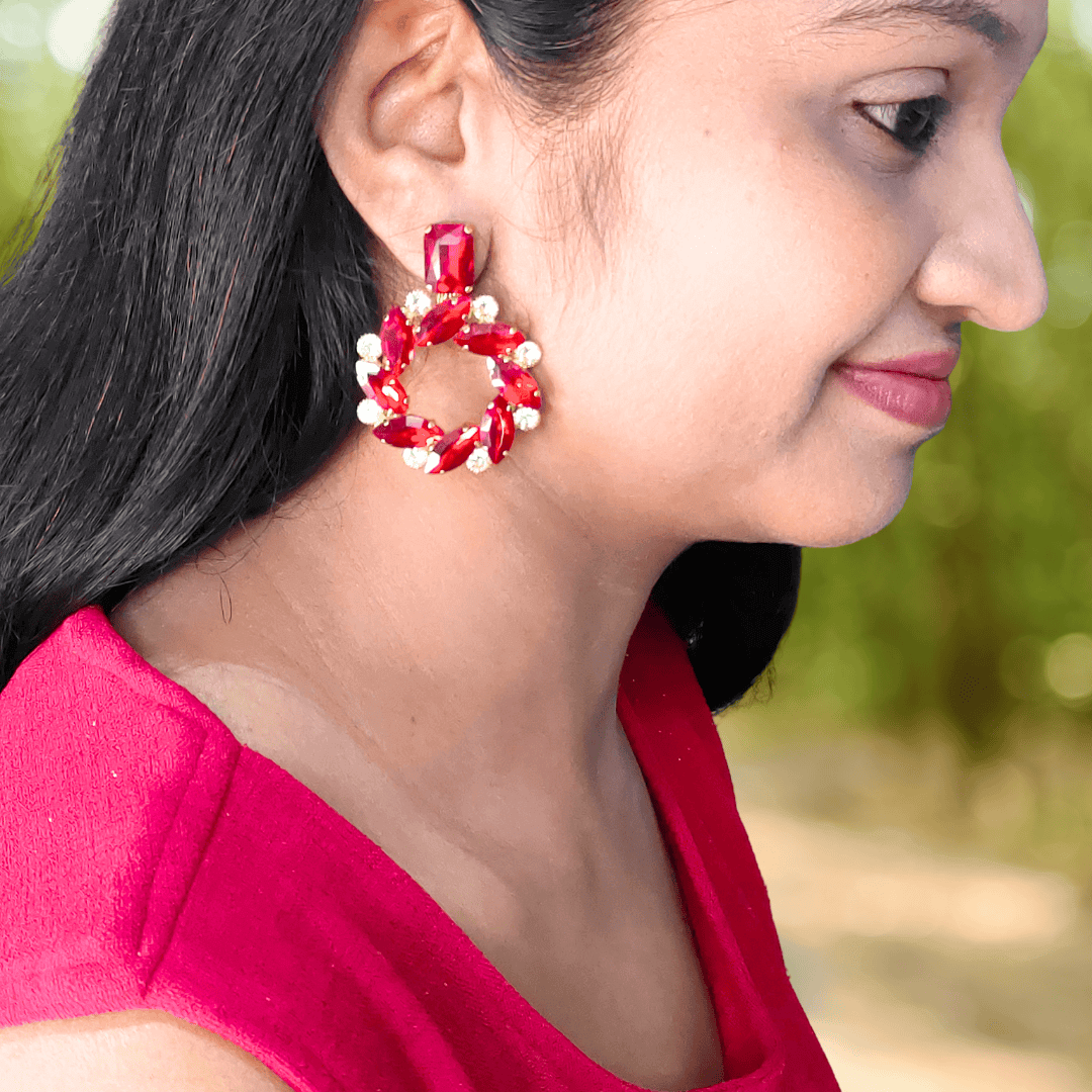 Red Earrings flower stone hoops - Partywear Earrings | Alankara