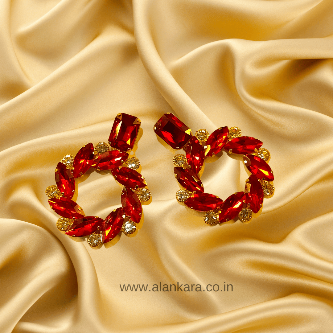 Red flower hoops - Partywear stone Earrings for women | Alankara