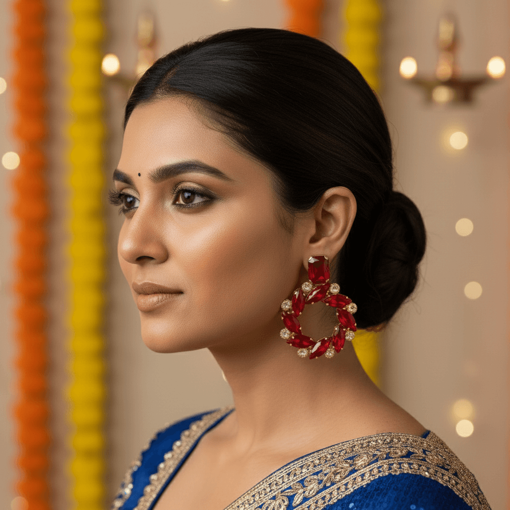 Red Earrings flower stone hoops - Partywear Earrings | Alankara