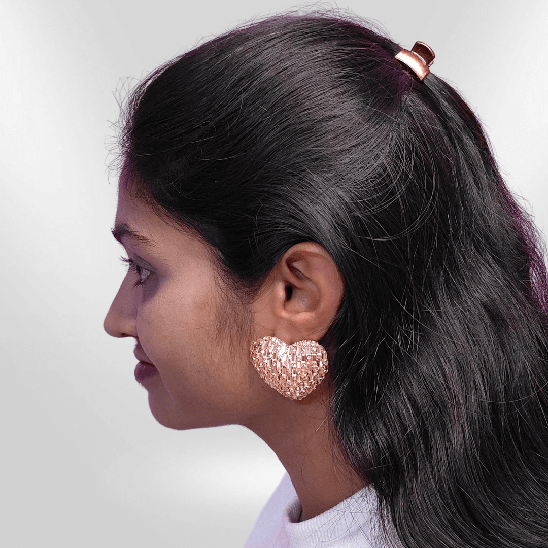 Rosegold heart sparkle studs - Partywear Earrings | Alankara