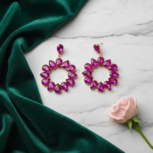 RaniPink Floral stone Hoops - Partywear Womens pink Earrings | Alankara