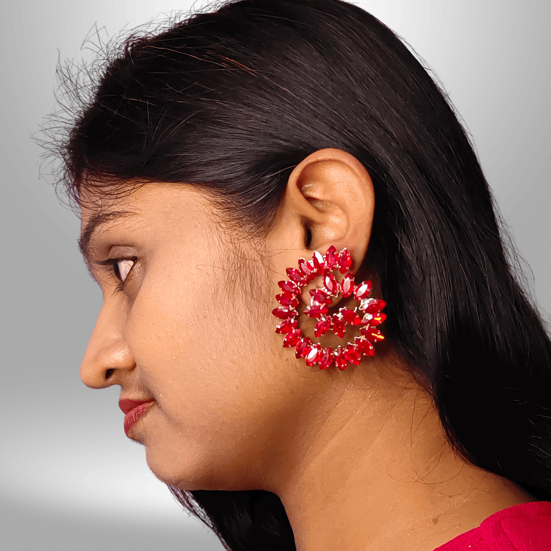 Red Peacock Shaped Studs - Stone earrings for women korean | Alankara