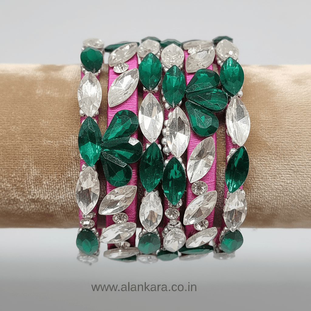Rani Pink Emerald White Crystals Silk Thread Bangles showcasing vibrant colors and elegant design.