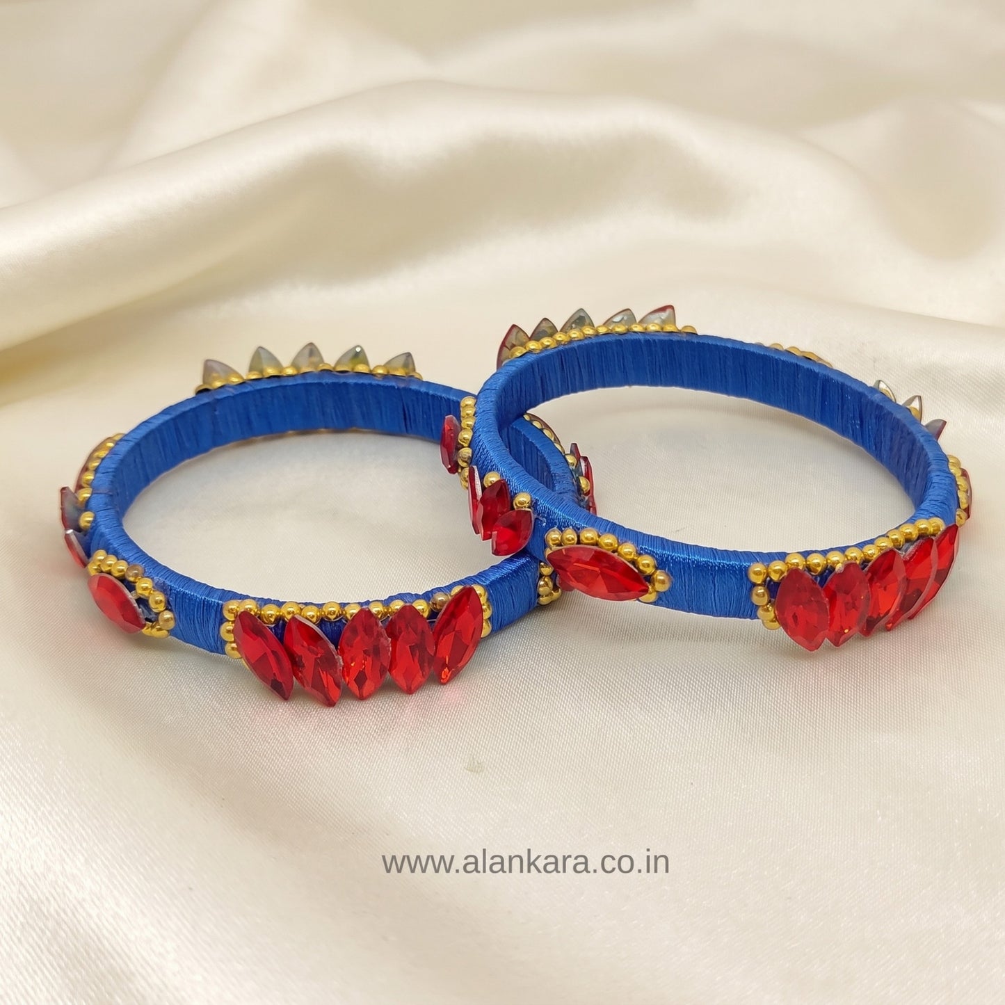 Royal Blue Red Crystal Silk Thread Kada Bangles with vibrant blue silk and striking red crystals