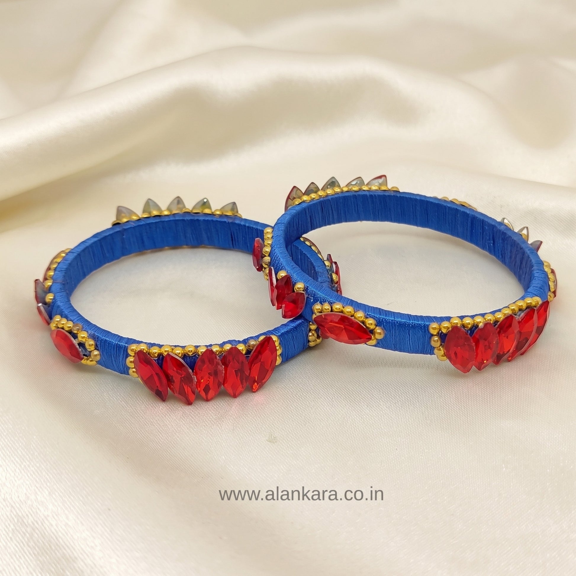 Royal Blue Red Crystal Silk Thread Kada Bangles with vibrant blue silk and striking red crystals