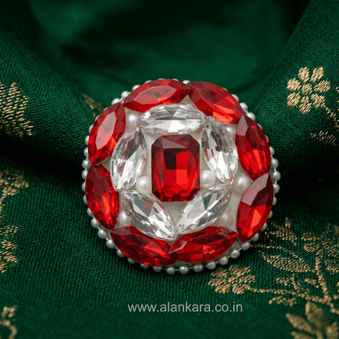 Handmade Ruby Red Crystal Saree Pin with red and white crystals, delicate pearls, and bead detailing.