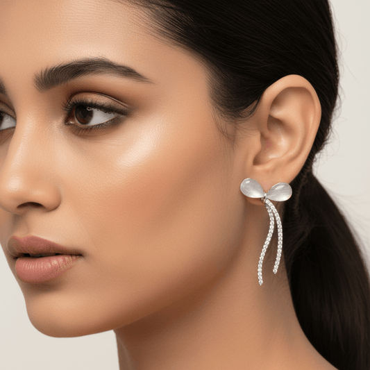 Silver flower bow studs - Korean earrings for women | Alankara