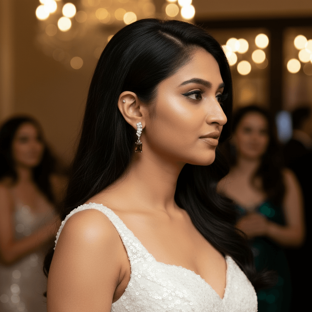 Wine curve glass studs Earrings wre by women in white sequin saree