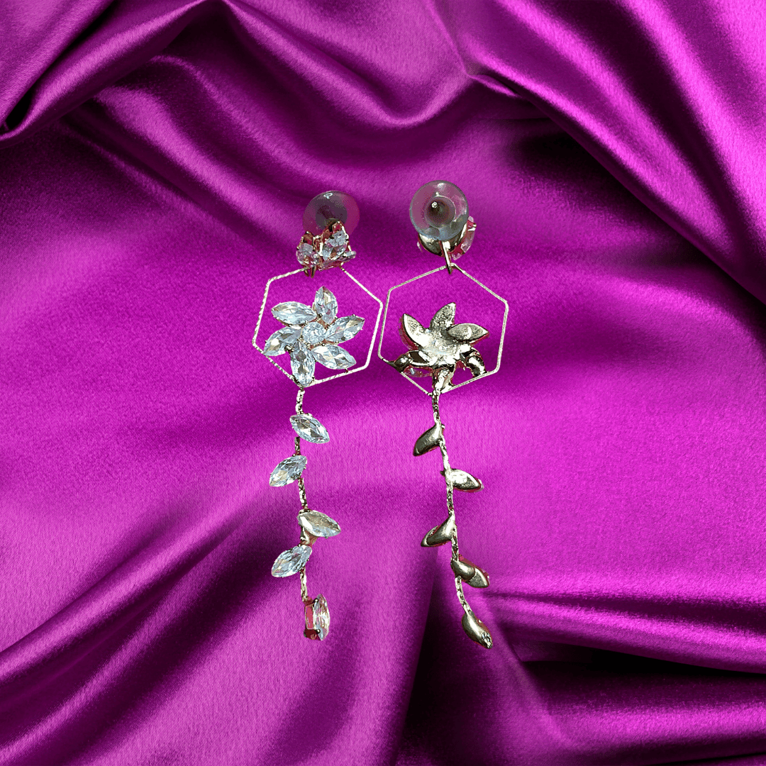 White crystal floral dangler earrings
