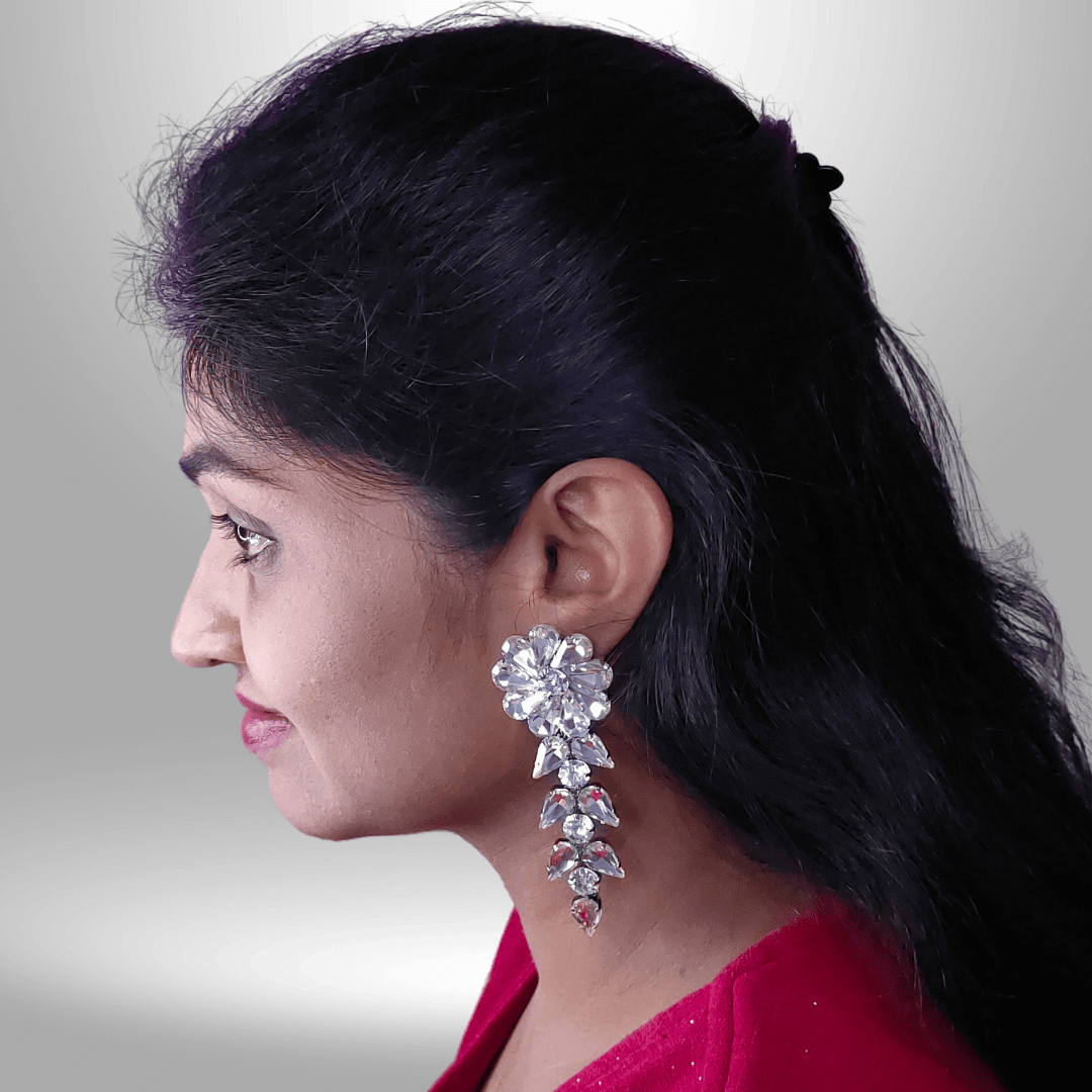 White Flower Petals Danglers - Partywear Earrings Glass stone | Alankara