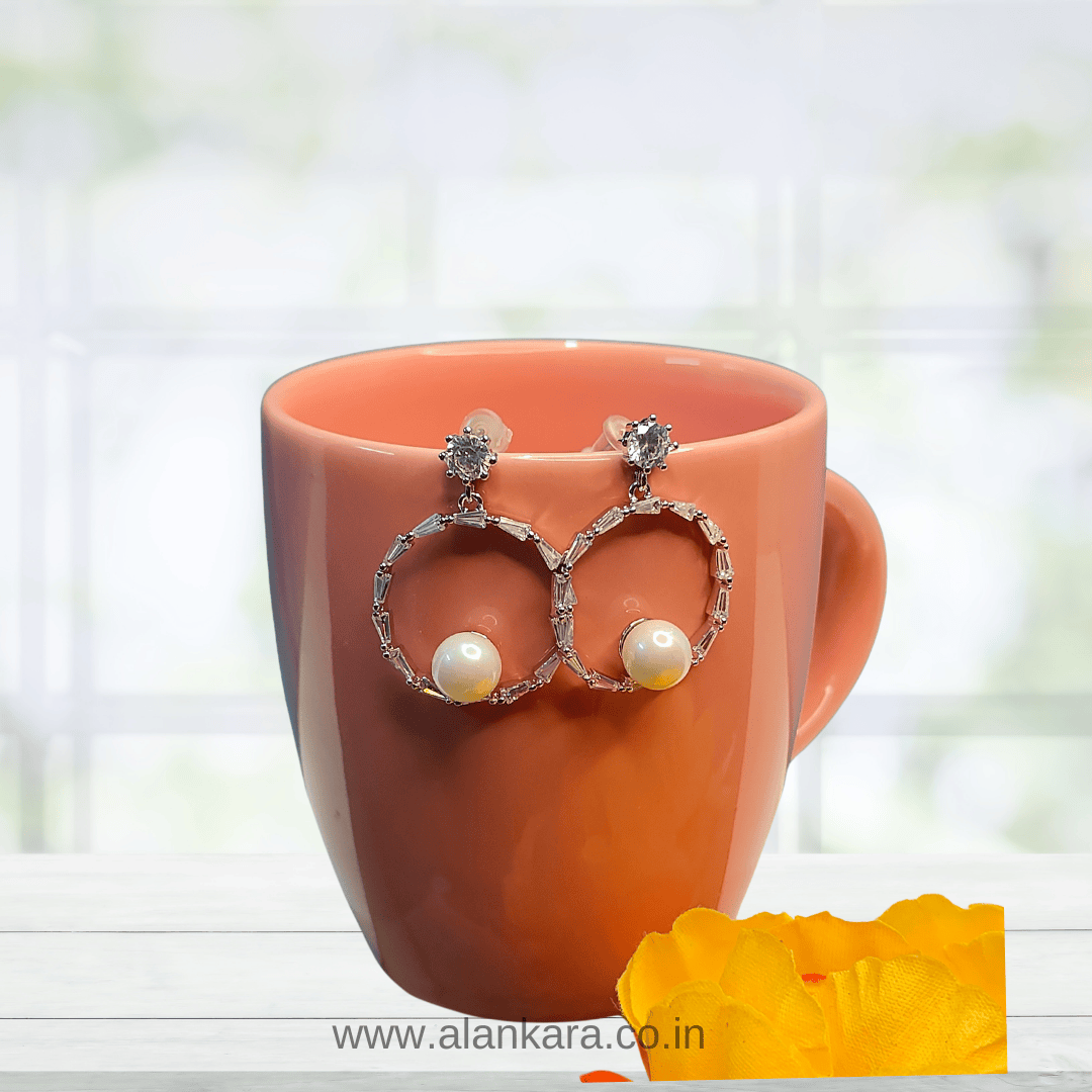 Stylish western earrings White Pearl crystal hoops | Alankara