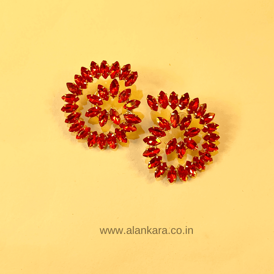 Red Peacock shaped Studs - Korean glass stone Earrings for Women | Alankara