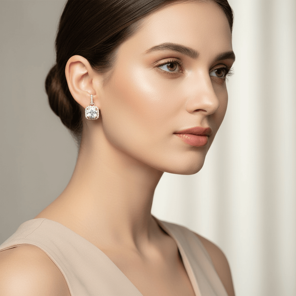 Woman wearing a white cubic zirconia earrings against a neutral background