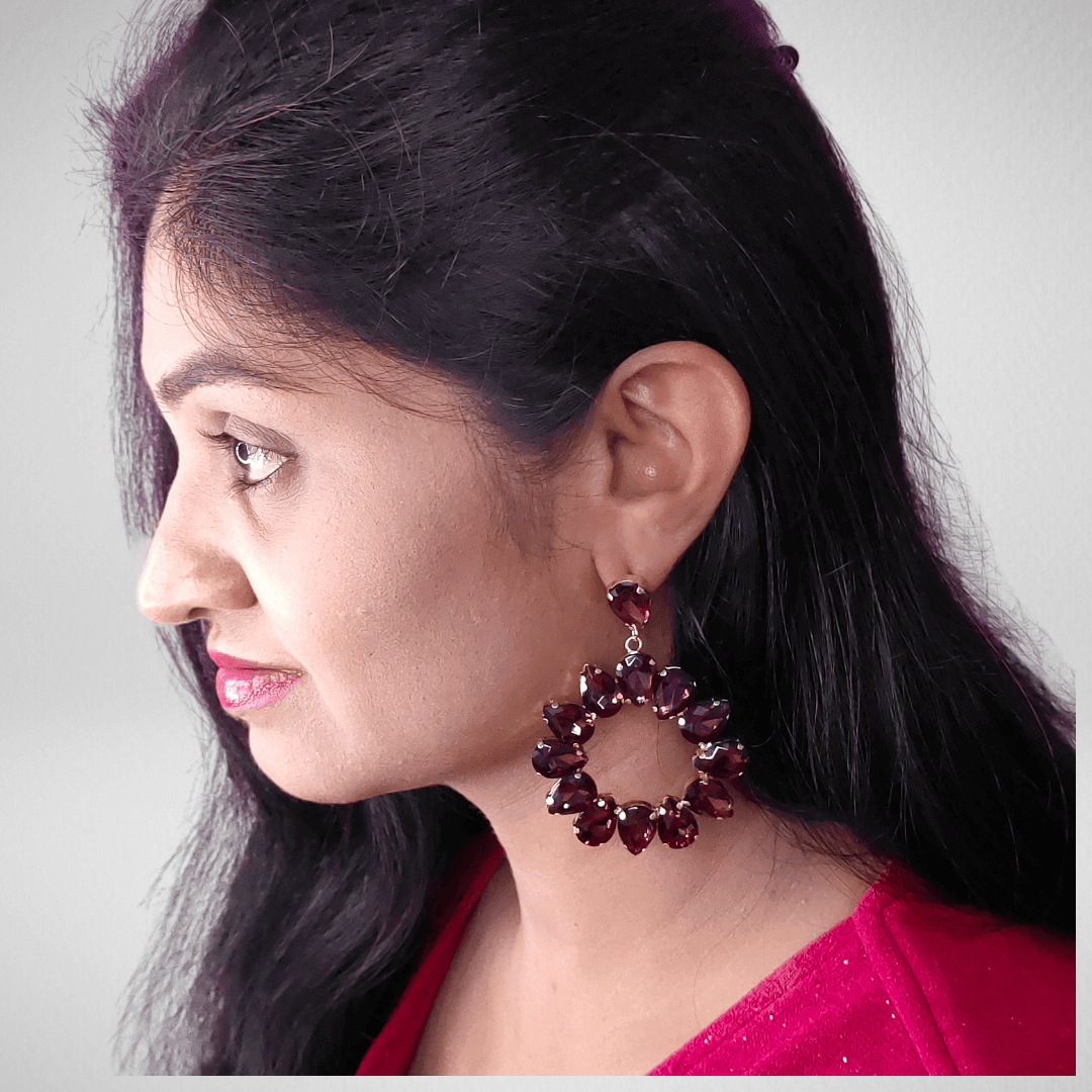 Wine Floral Hoops - Partywear Earrings glass stone | Alankara