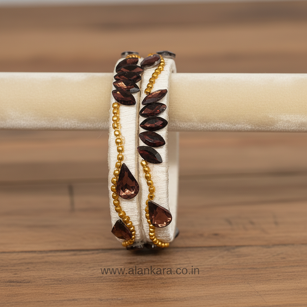 White Wine Lotus Silk Thread Kada Bangles featuring golden beads and sparkling wine marquise crystals.