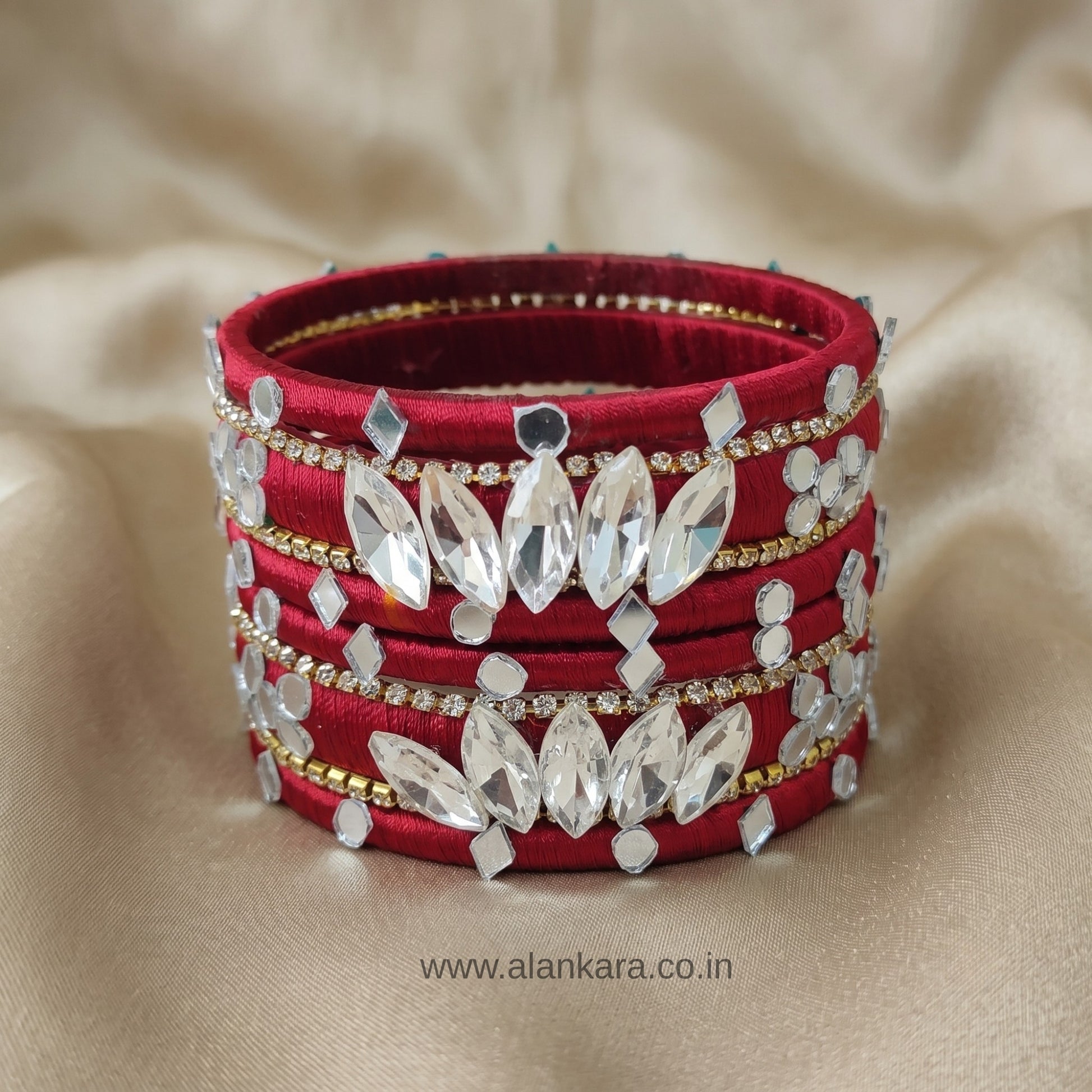 White Crystal Wine Silk Thread Bangles featuring deep wine silk thread and sparkling white crystals.